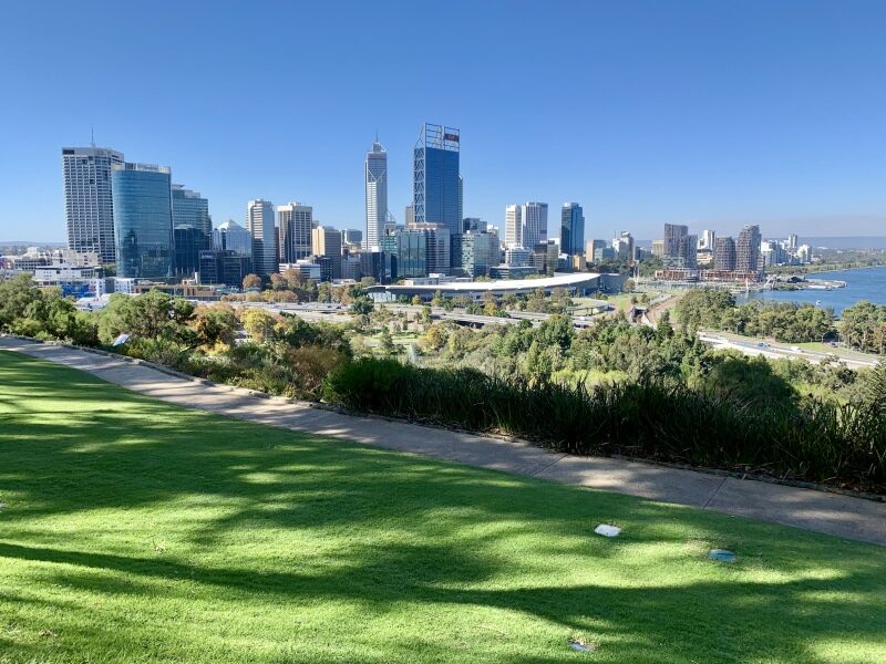 Zicht op de skyline van Perth in Western Australia vanaf het gras van Kings Park