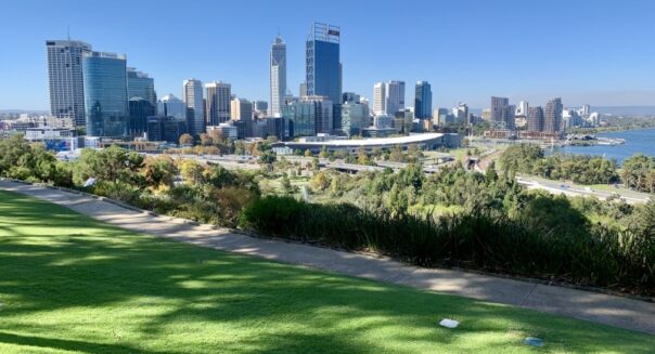 Zicht op de skyline van Perth in Western Australia vanaf het gras van Kings Park