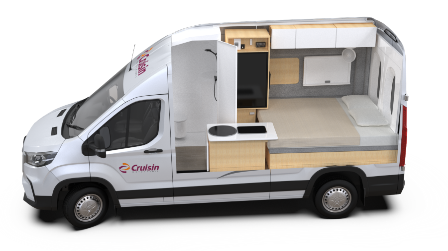 Cutaway van de Cruisin' Rover camper voor de nacht