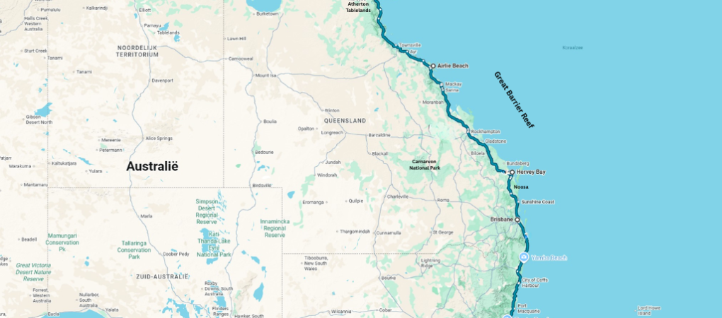 Routekaart Sydney-Cairns Oostkust Australië