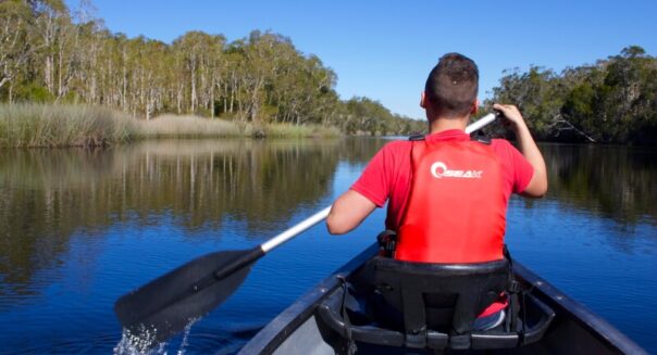 Jongen is aan het kanoën in de Noosa Everglades, zicht van achteren