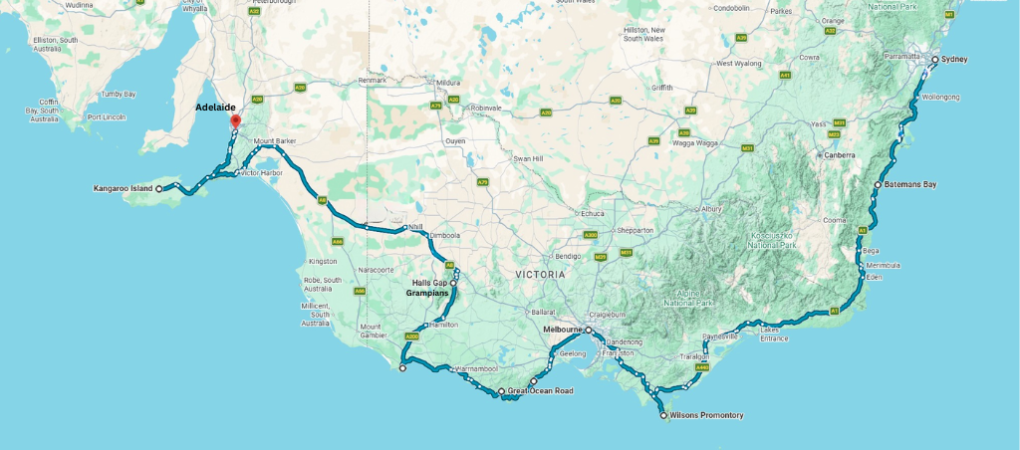 Kaart waarop de route tussen Sydney en Adelaide via Melbourne en de Great Ocean Road getekend is