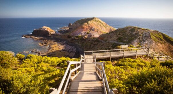 Beroemde Cape Schanck Boardwalk wandeling via houten voetpad naar zuidelijkste punt van Mornington Peninsula