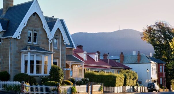 De wijk Battery Point in Hobart met koloniale architectuur