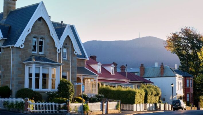 De wijk Battery Point in Hobart met koloniale architectuur