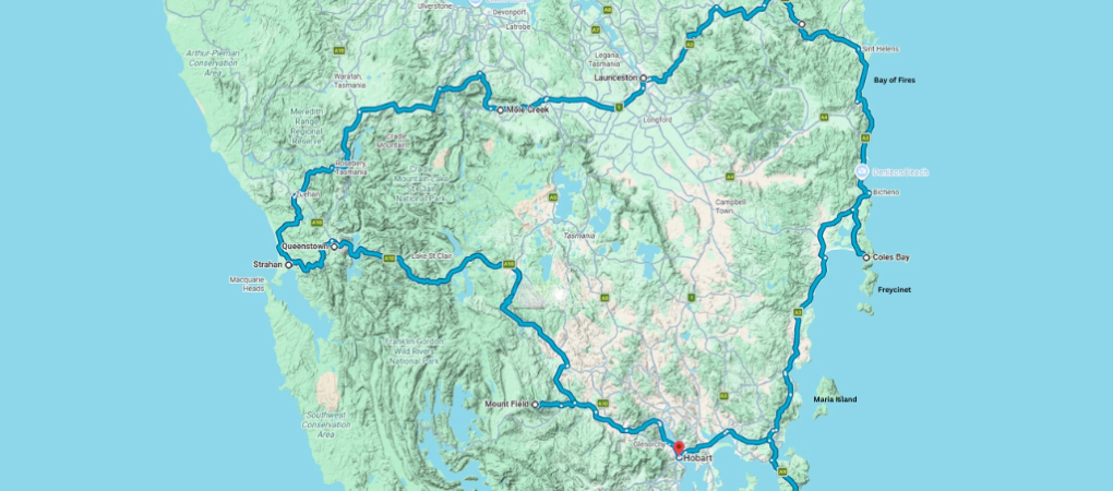 Kaart waarop de route voor de rondreis door Tasmanië getekend is
