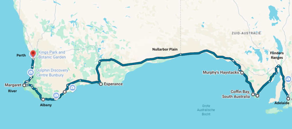 Kaart met de route tussen Adelaide en Perth afgebeeld via de Nullarbor Plain