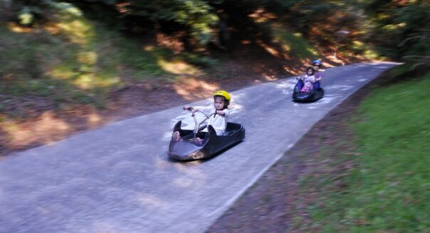 Kinderen gaan in luge naar beneden op baan in Rotorua