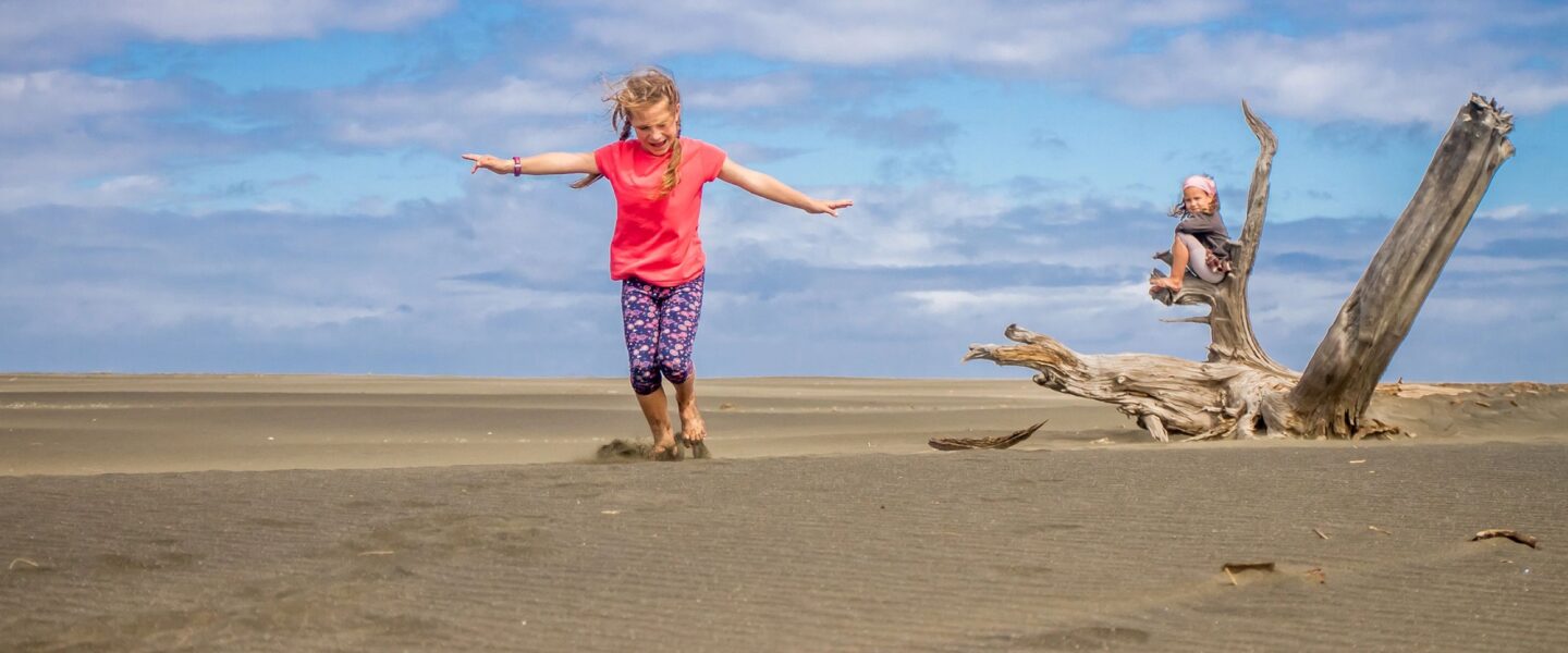 Kinderen spelen op strand met dode boom in Nieuw-Zeeland
