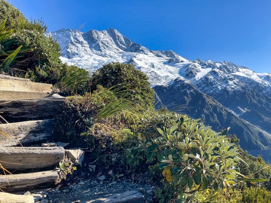 Wandelpad omhoog in de bergen van Mount Cook National Park met besneeuwde bergtoppen in zicht