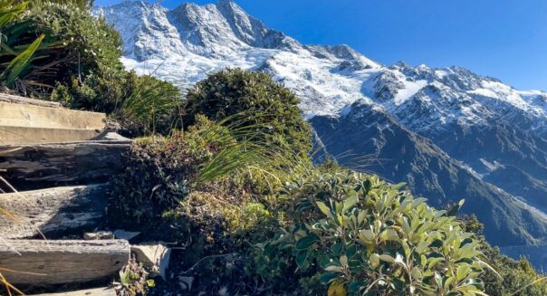 Wandelpad omhoog in de bergen van Mount Cook National Park met besneeuwde bergtoppen in zicht