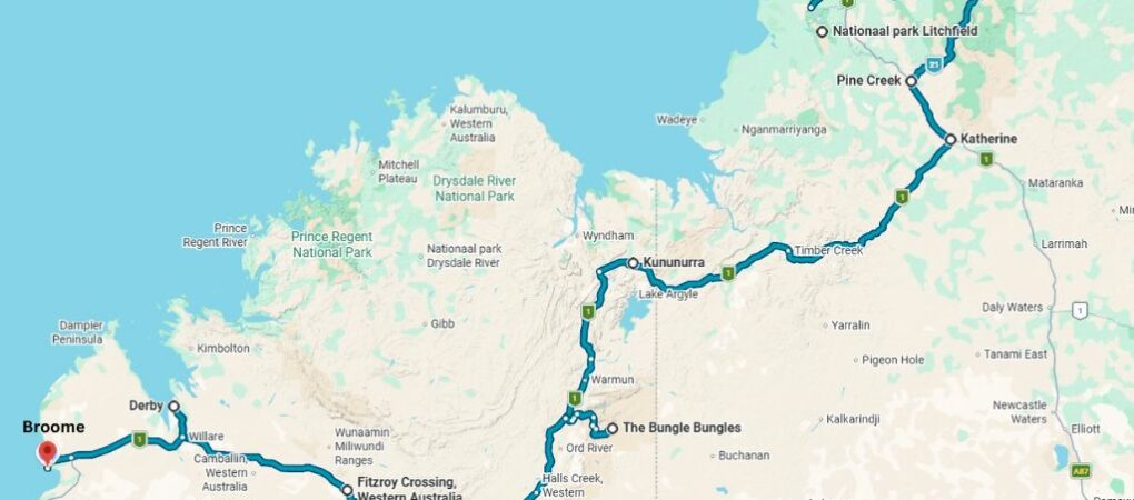 Kaart waarop de route tussen Broome en Darwin via de verharde weg is aangegeven