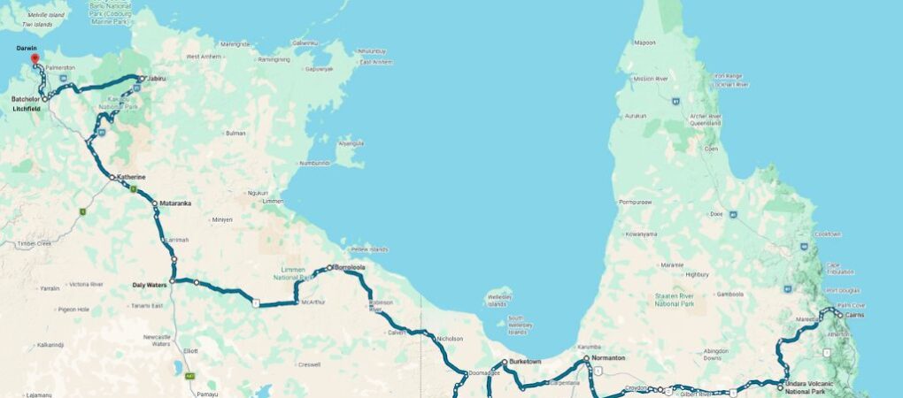 Route van Cairns naar Darwin via de Savannah Way getekend op de kaart
