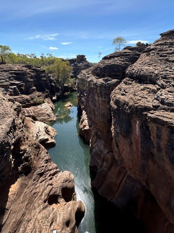 Zicht op de smalle kloof van de Cobbold Gorge vanaf een brug
