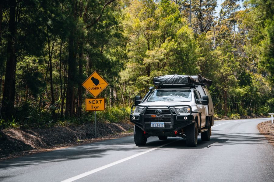 De RedSands 4WD camper rijdend bij Valley of the Giants, West-Australië