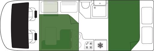 De floorplan nacht van de Britz Wanderer camper in Nieuw-Zeeland met zowel voorin als achterin een tweepersoonsbed