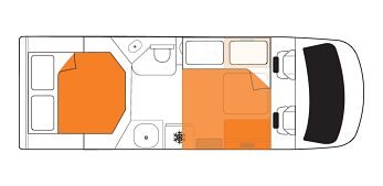 Britz Odyssey Nieuw-Zeeland floorplan nacht met 2 tweepersoonsbedden