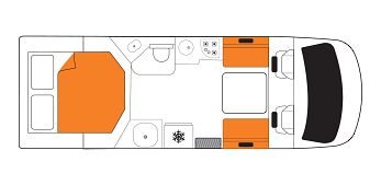 Britz Odyssey Nieuw-Zeeland floorplan dag met een vast tweepersoonsbed achterin de camper en een zithoek voorin de camper