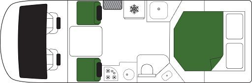 De floorplan dag van de Britz Odyssey in Nieuw Zeeland met een vast tweepersoonsbed en twee losse stoelen achter de bestuurdersruimte