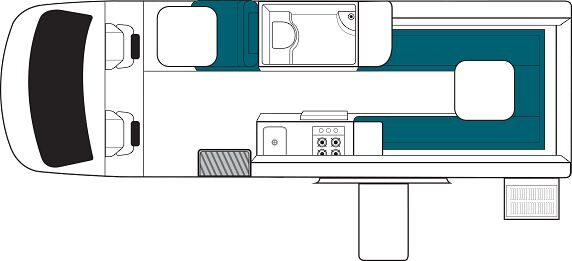 Floorplan dag met zithoek achterin de camper en een extra zitplaats achter de bestuurdersruimte in de Maui Ultima Plus camper