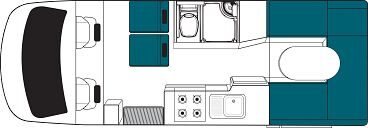 Floorplan dag van de Maui Cascade camper in Nieuw-Zeeland met zithoek achterin en twee stoelen achter de bestuurdersruimte
