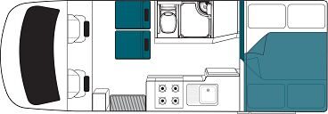 Floorplan nacht van de Maui Cascade camper in Nieuw-Zeeland met 2 tweepersoonsbedden boven elkaar achterin de camper
