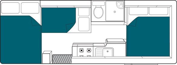 Floorplan nacht van de Maui River camper met een tweepersoonsbed in de alkoof, een twijfelaar in het midden van de camper en een tweepersoonsbed aan de achterkant