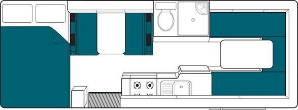Floorplan dag van de Maui Sunset camper in Australië met vast bed in de alkoof en twee verschillende zithoeken