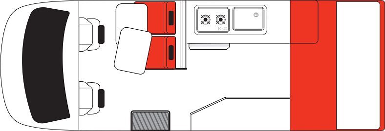 Floorplan layout 1 dag van de Mighty Double Down camper in Australië