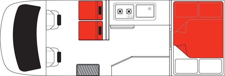 Floorplan layout 1 nacht van de Mighty Double Down camper in Australië