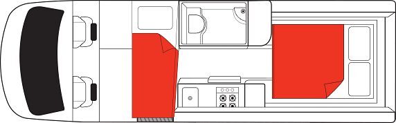 Floorplan nacht van de Mighty Deuce Plus camper in Australië en Nieuw-Zeeland