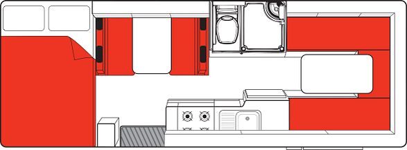 Floorplan dag van de Mighty Double Up camper in Nieuw-Zeeland