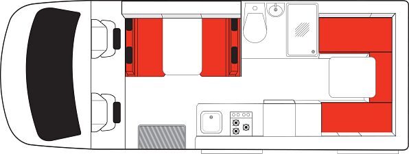 Floorplan dag van de Mighty Double Up camper in Australië