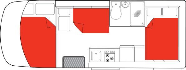Floorplan nacht van de Mighty Big Six camper in Australië