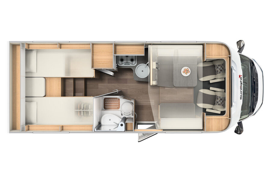 Floorplan met eenpersoonsbedden van de McRent Family Standard
