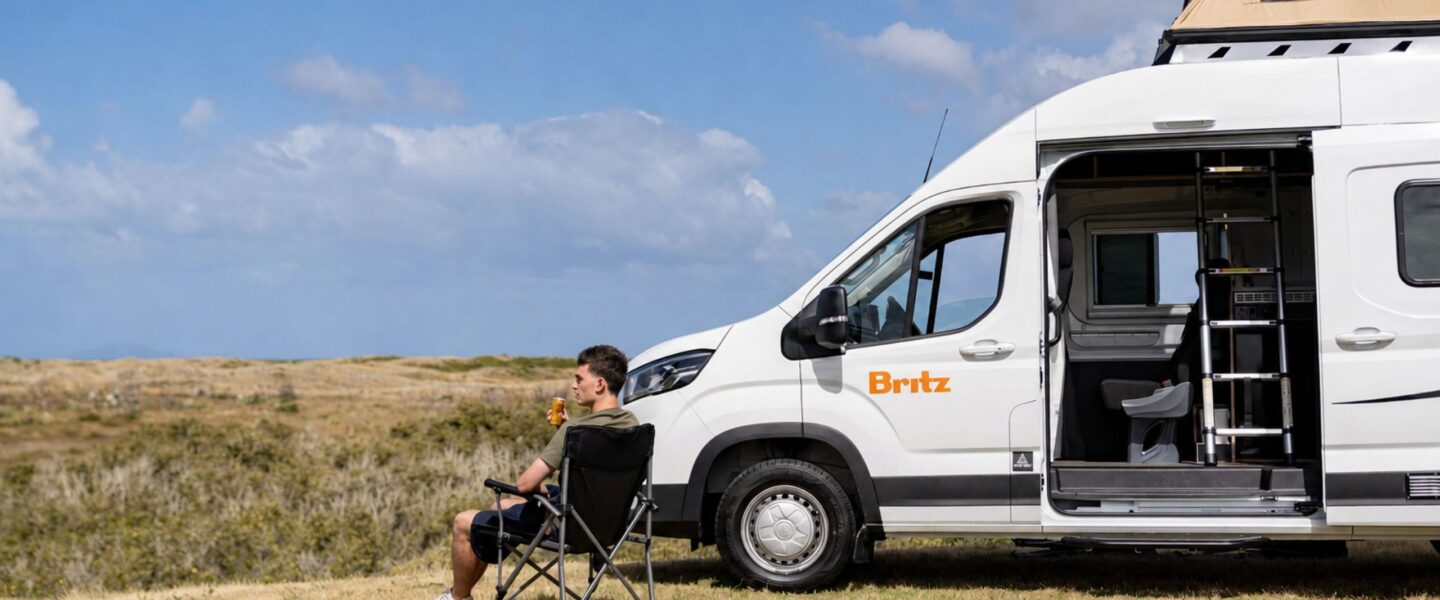 Man zit in campingstoel naast Britz Voyager op het Noordereiland