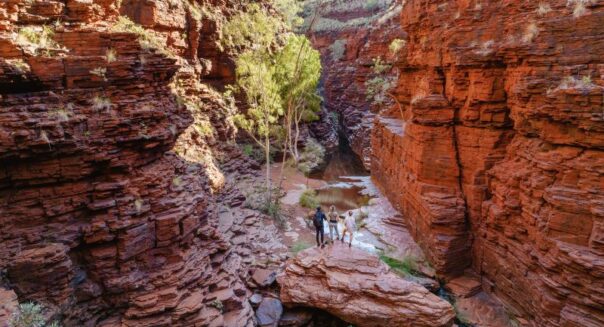 Drie mensen staan te kijken in een kloof in Karijini