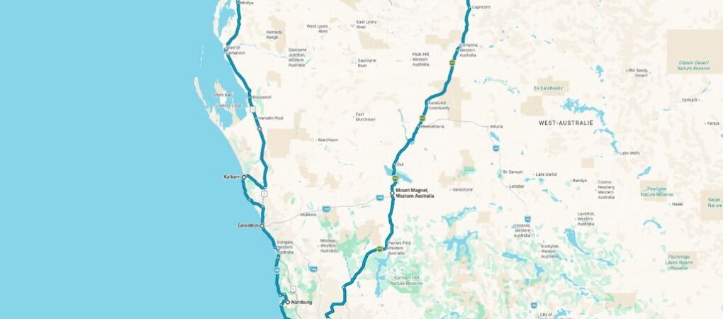 Google Maps kaart met de getekende route van Perth langs de westkust en via Karijini en het binnenland retour