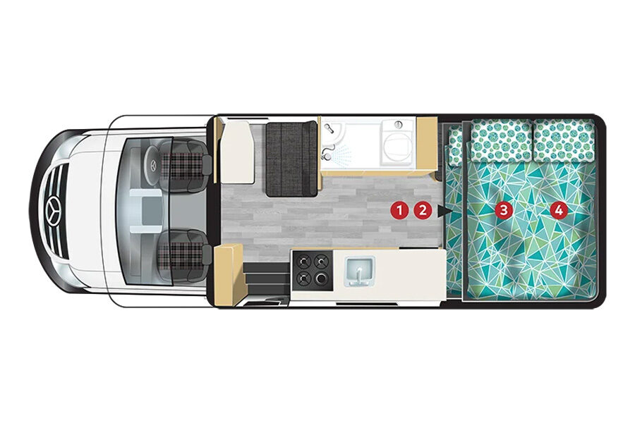 Floorplan nacht van de Pacific Horizon Gem 4 camper in Nieuw-Zeeland