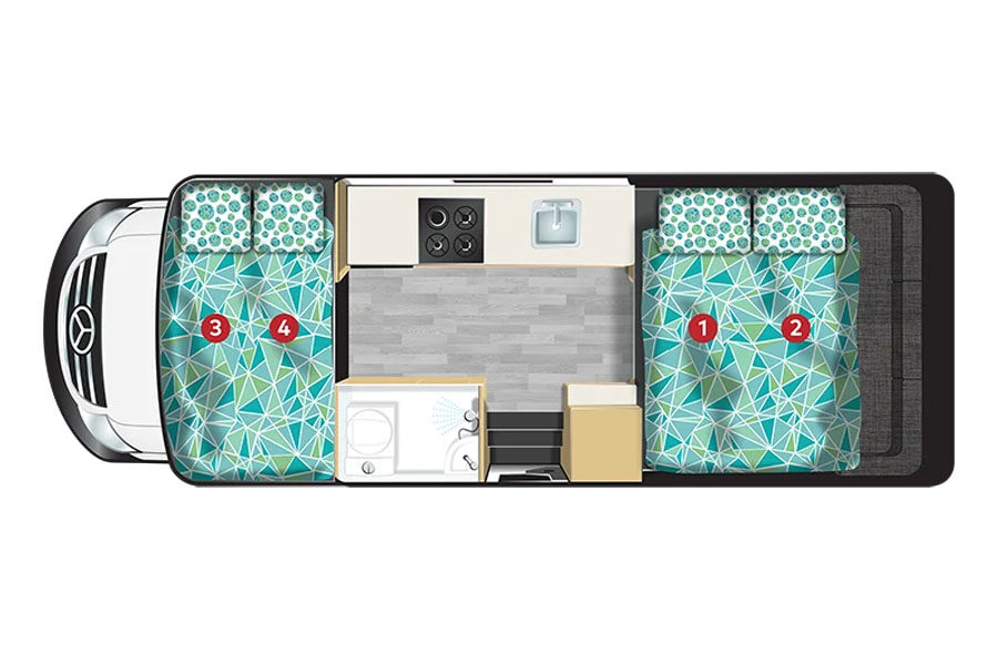 Floorplan nacht van de Pacific Horizon Max 4 camper in Nieuw-Zeeland