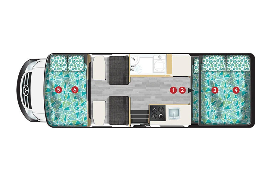 Floorplan nacht van de Pacific Horizon Sam 6 camper in Nieuw-Zeeland