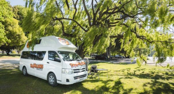Travellers Autobarn Hi5 staat onder een boom op een camping