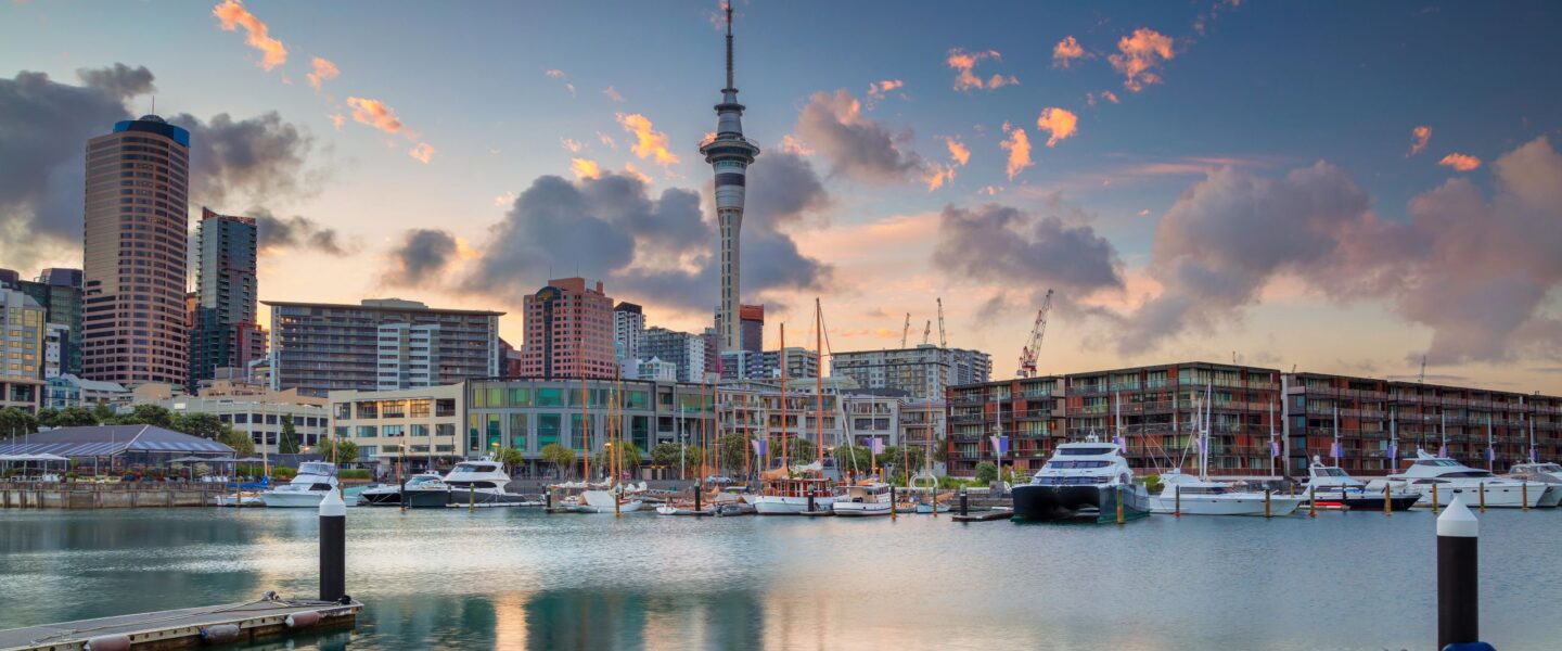Skyline van Auckland met de haven en skytower in het midden