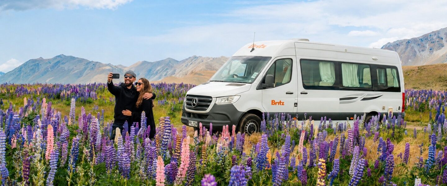 Stel maakt een selfie voor een Britz camper met lupines op de voorgrond