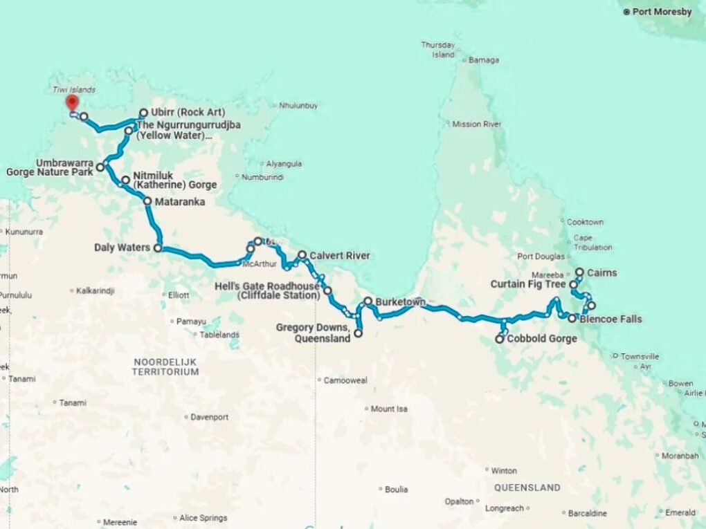 Routekaart van de Savannah Way van Cairns naar Darwin
