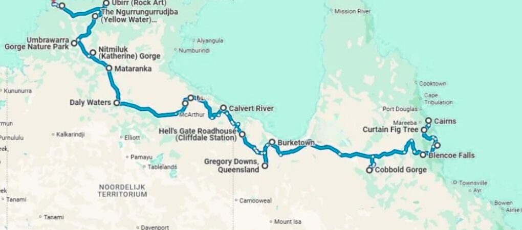 Routekaart van de Savannah Way van Cairns naar Darwin