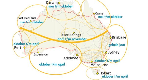 Kaart van Australië waarop met cirkels de beste reisperiode per regio is aangegeven