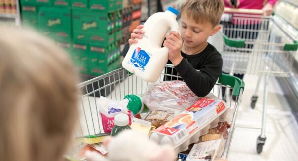 Gezin doet boodschappen, jongen legt fles melk in de kar