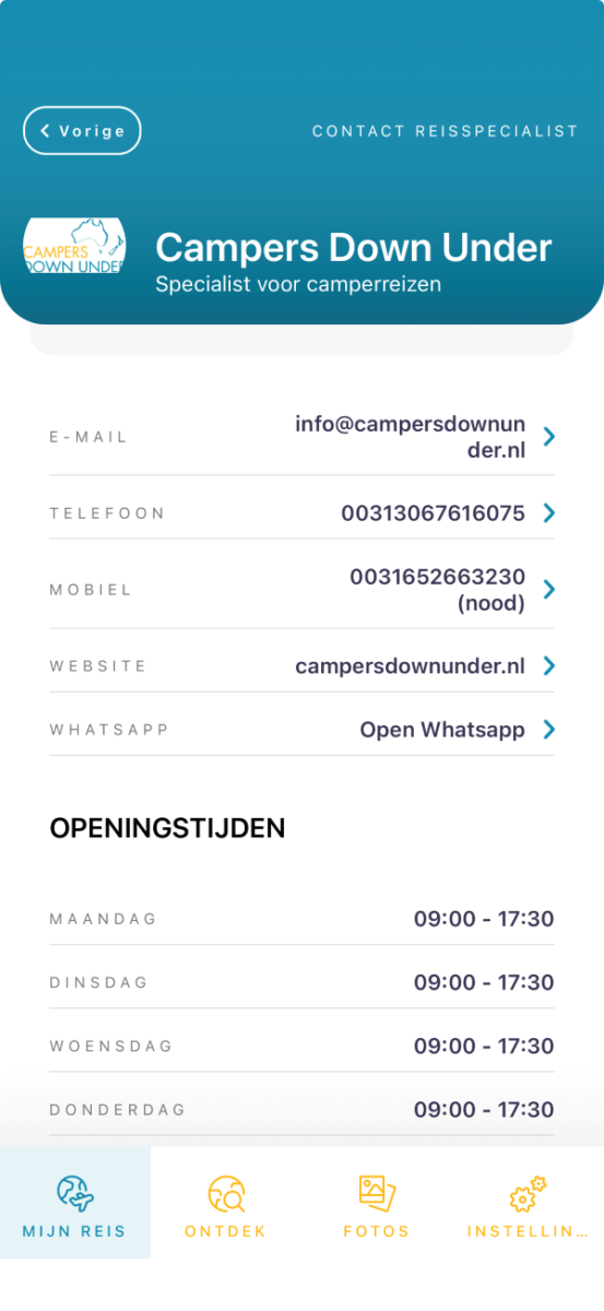 App berichten Campers Down Under - contact met Campers Down Under