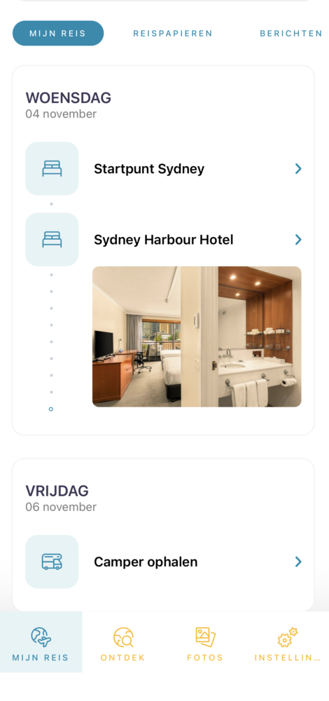 App berichten Campers Down Under - je reisschema - overzichtelijke tijdlijn